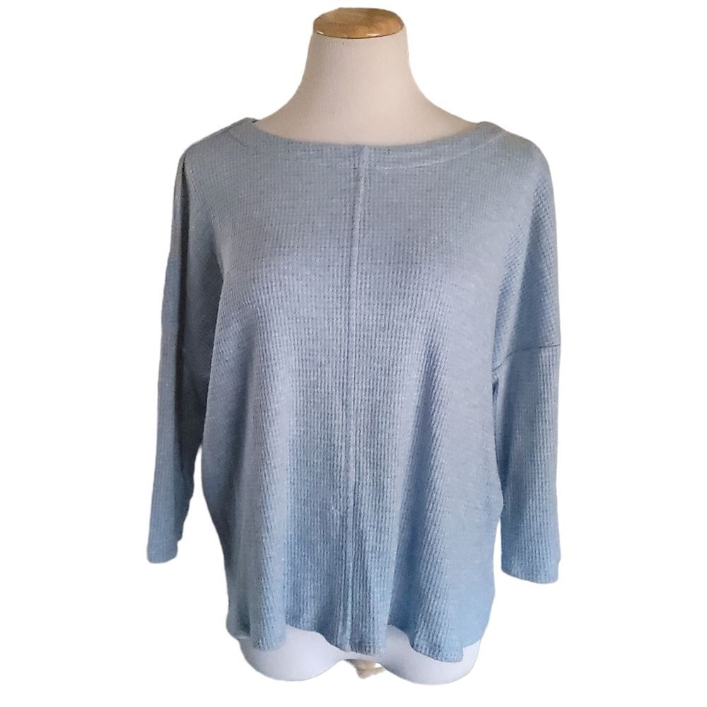J. Jill Wearever Collection Blue Marled Waffle Weave Boat Neck Top Petite Large
